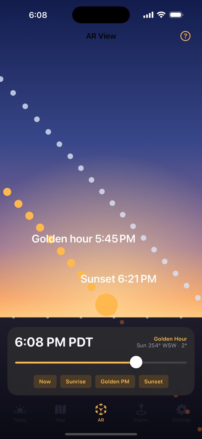 AR view with the sun path drawn over the evening sky